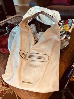 Steve Madden Light Beige Pebbled Hobo Bag with Front Zip